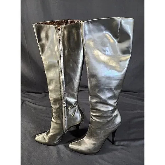 Vintage Giuseppe Zanotti Silver 5' Stiletto Knee High Leather Go-Go Boots 40 - Picture 3 of 9